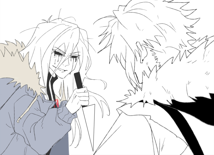 2boys, :d, absurdres, alternate_universe, androgynous, antenna_hair, black_sweater, black_trim, blue_jacket, cape, chinese_commentary, colored_eyelashes, commentary_request, double-parted_bangs, drawstring, dual_persona, earrings, eyes_visible_through_hair, face-to-face, flipped_hair, from_behind, fur-trimmed_jacket, fur_trim, grin, hair_between_eyes, hanbaobaobaozhu, hand_up, highres, holding, holding_knife, hollow_eyes, hood, hood_down, hooded_jacket, humanization, jacket, jewelry, killer_sans, knife, liquid_from_eyes, long_hair, long_hair_between_eyes, long_sleeves, looking_at_another, male_focus, messy_hair, multiple_boys, open_clothes, open_jacket, puffy_long_sleeves, puffy_sleeves, reverse_grip, sans_(undertale), short_hair, sidelocks, simple_background, smile, stud_earrings, sweater, trap, turtleneck, turtleneck_sweater, undertale, undertale:_something_new, upper_body, utdr_(toby_fox), v-shaped_eyebrows, white_background, white_cape, white_eyelashes, white_hair, white_jacket, xtale