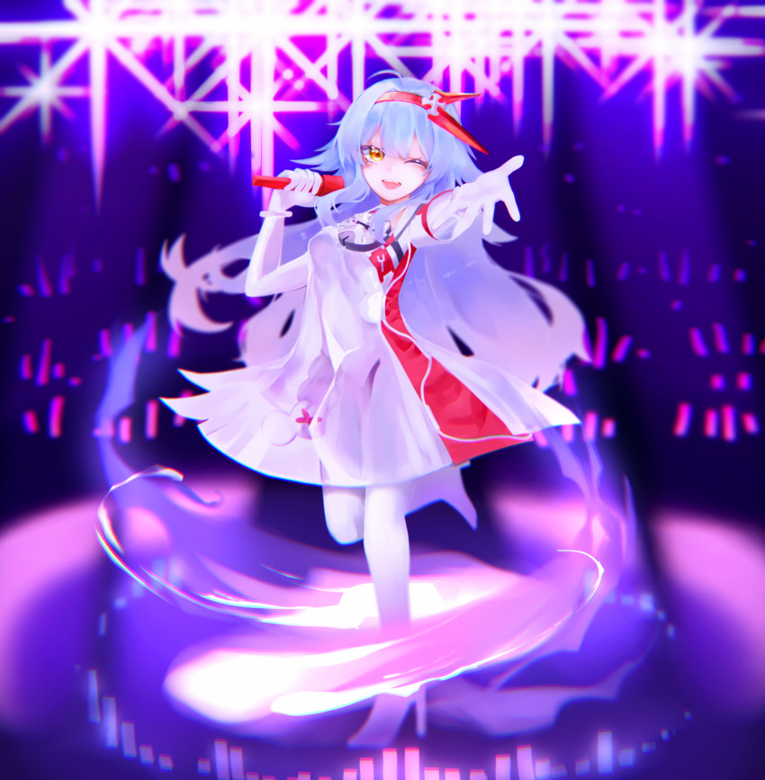 1girl, absurdres, animal_ears, bare_shoulders, chzhwhrkrzpdlzm, commentary_request, dress, fenrir_(tower_of_fantasy), gloves, hair_flaps, hair_ornament, hairband, hand_up, highres, korean_commentary, long_hair, looking_at_viewer, open_mouth, orange_eyes, smile, solo, thick_eyebrows, tower_of_fantasy, very_long_hair, white_hair, yellow_eyes