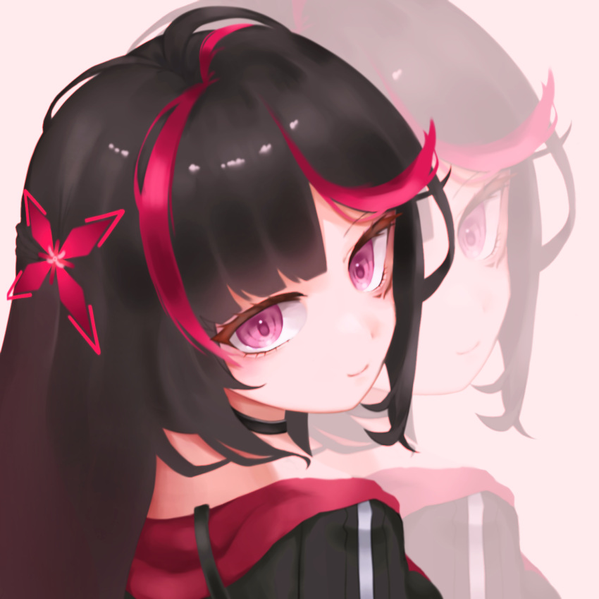 1girl, ahoge, anka_(tower_of_fantasy), black_hair, brown_hair, chzhwhrkrzpdlzm, commentary_request, highres, korean_commentary, long_hair, looking_at_viewer, multicolored_hair, red_eyes, red_hair, smile, streaked_hair, tower_of_fantasy