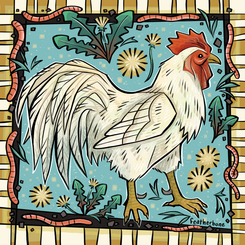 animal_focus, artist_name, bird, chicken, commentary, english_commentary, feather-bone, highres, leaf, no_humans, original, rooster, solo_focus, worm
