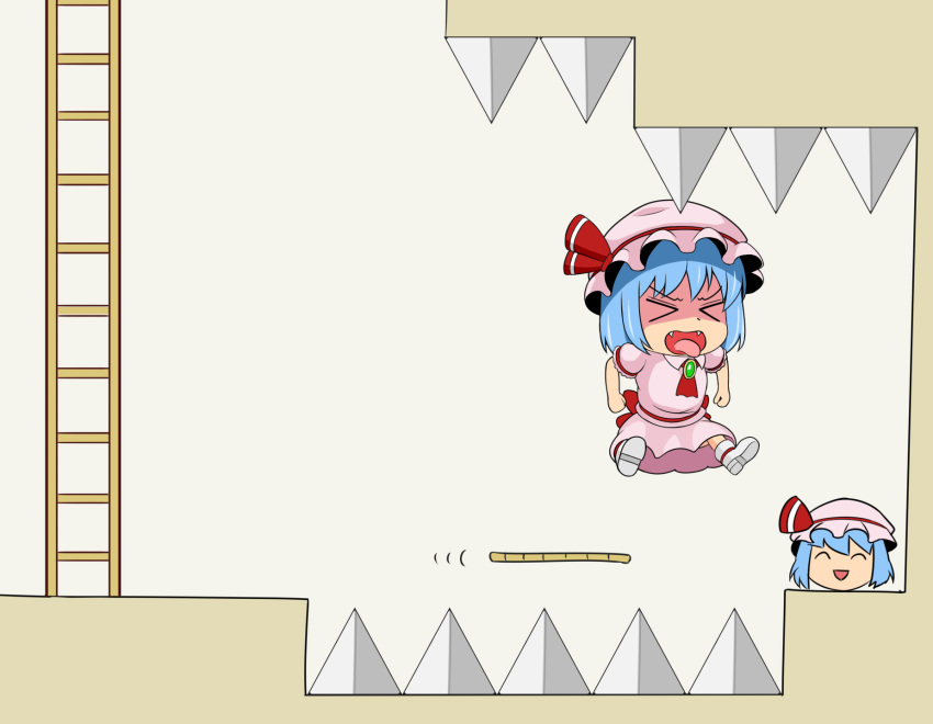 >_<, 1up, ascot, blue_hair, bow, chibi, commentary, fang