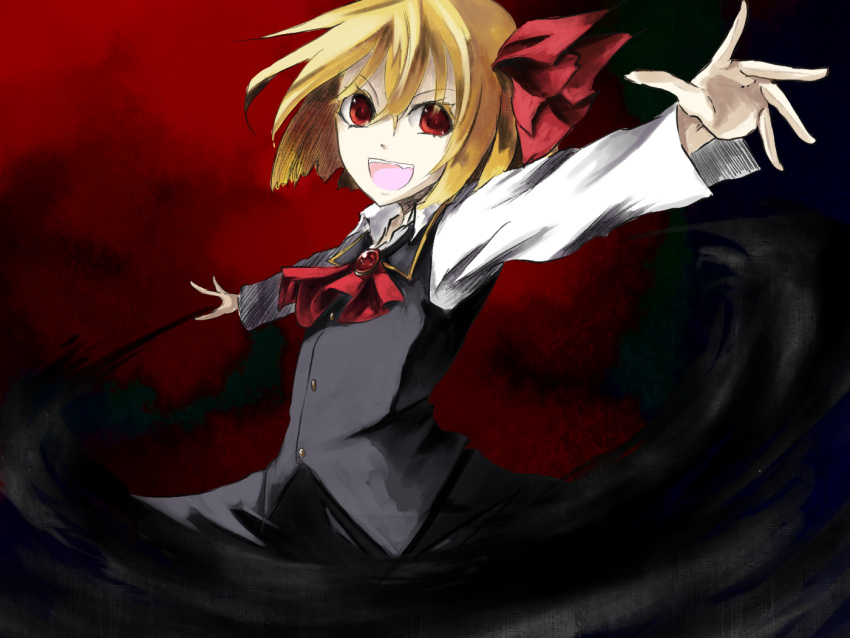 ascot, blonde_hair, blush, brooch, darkness, fang, hair_ribbon, jewelry