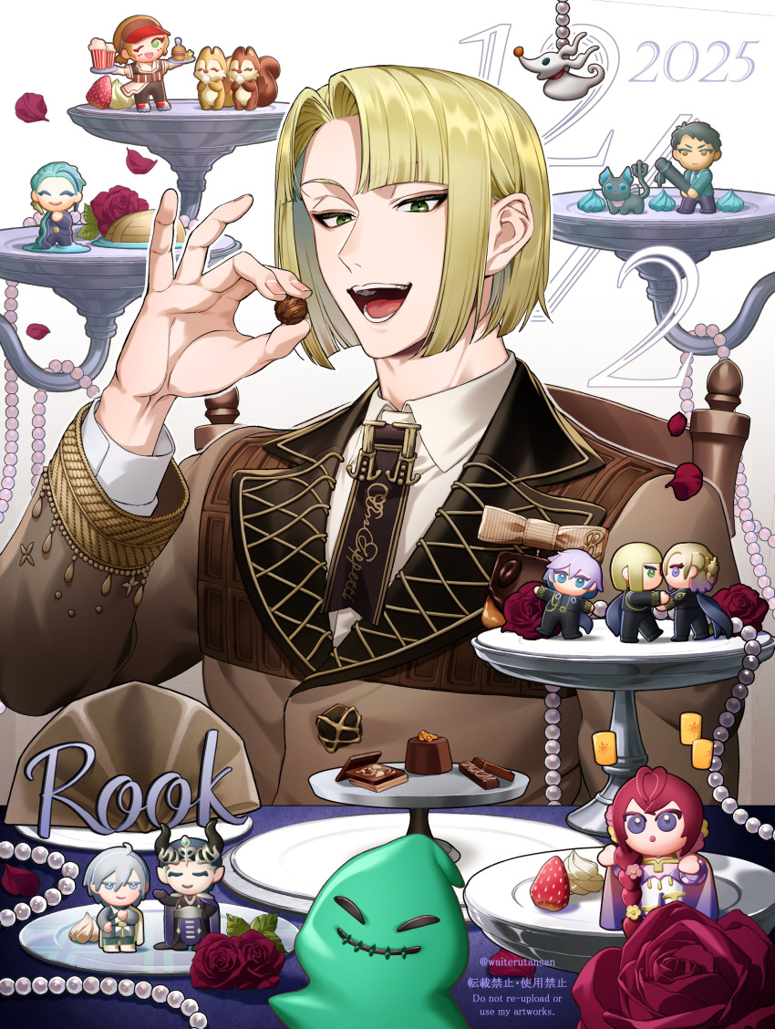 1boy, 6+others, absurdres, birthday, blazing_jewel_(twisted_wonderland), blonde_hair, bob_cut, cater_diamond, chair, character_doll, chip_(disney), chocolate, collared_shirt, commentary_request, crossover, dale_(disney), dishes, doll, epel_felmier, flower, food, formal_clothes, fruit, gem, green_eyes, grim_(twisted_wonderland), hand_up, highres, holding, holding_chocolate, holding_food, jade_leech, jade_leech_(shore's_celebration), long_sleeves, male_focus, malleus_draconia, multiple_others, on_chair, oogie_boogie, open_mouth, pearl_(gemstone), petals, riddle_rosehearts, riddle_rosehearts_(night_sky's_chiffon), rook_hunt, rose, rose_petals, shirt, short_hair, silver_vanrouge, sitting, strawberry, string_of_pearls, suit, the_nightmare_before_christmas, twisted_wonderland, vil_schoenheit, waiterutansan, yuu_(twisted_wonderland), zero_(nbc)