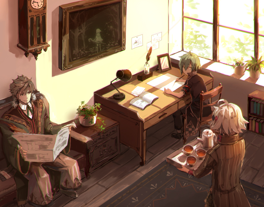 3boys, absurdres, ahoge, az_9649, beard, bookshelf, brown_hair, carpet, chair, closed_mouth, desk_lamp, facial_hair, from_behind, green_hair, grimms_notes, highres, holding, holding_newspaper, indoors, lamp, lewis_carroll_(grimms_notes), lewis_carroll_(original)_(grimms_notes), ludwig_grimm_(grimms_notes), ludwig_grimm_(original)_(grimms_notes), male_focus, multiple_boys, newspaper, painting_(object), plant, potted_plant, short_hair, sitting, smile, spiky_hair, standing, sunlight, table, white_hair, william_shakespeare_(grimms_notes), william_shakespeare_(original)_(grimms_notes), window, yellow_eyes