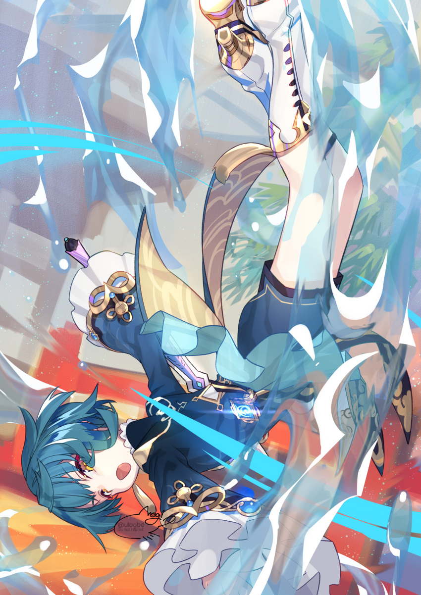 1boy, black_jacket, black_shorts, blue_hair, boots, chinese_clothes, earrings, genshin_impact, high_heel_boots, high_heels, highres, jacket, jewelry, knee_boots, long_sleeves, looking_at_viewer, negi_(ulog'be), open_mouth, sacrificial_sword_(genshin_impact), short_hair, shorts, sword, tassel, tassel_earrings, vision_(genshin_impact), water, weapon, xingqiu_(genshin_impact), yellow_eyes