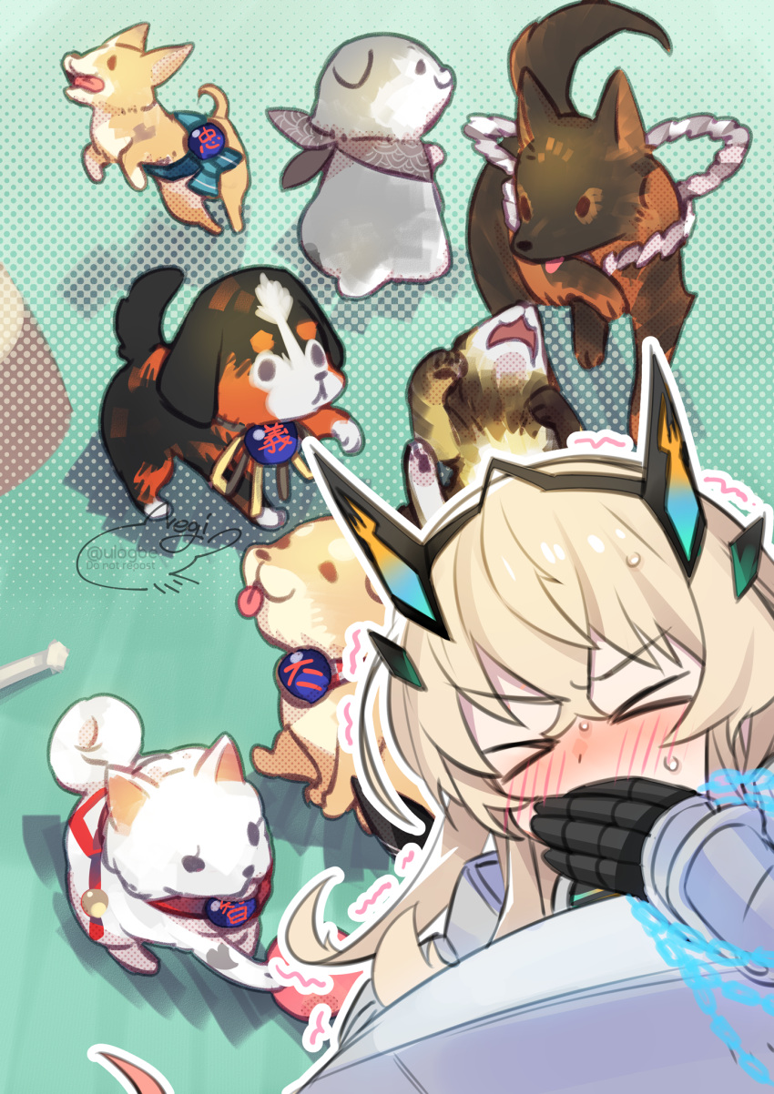 >_<, 1girl, armor, ball, bandana, bandana_around_neck, barghest_(fate), barghest_(first_ascension)_(fate)