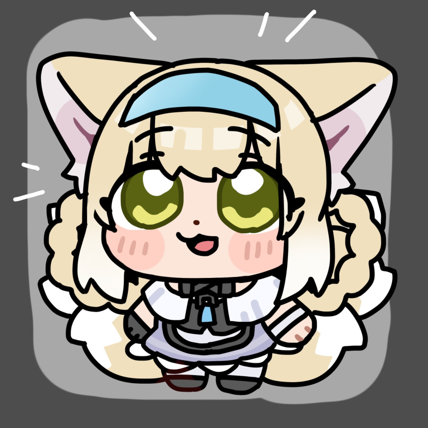 1girl, :3, :d, animal_ears, arknights, black_gloves, blonde_hair, blue_hairband
