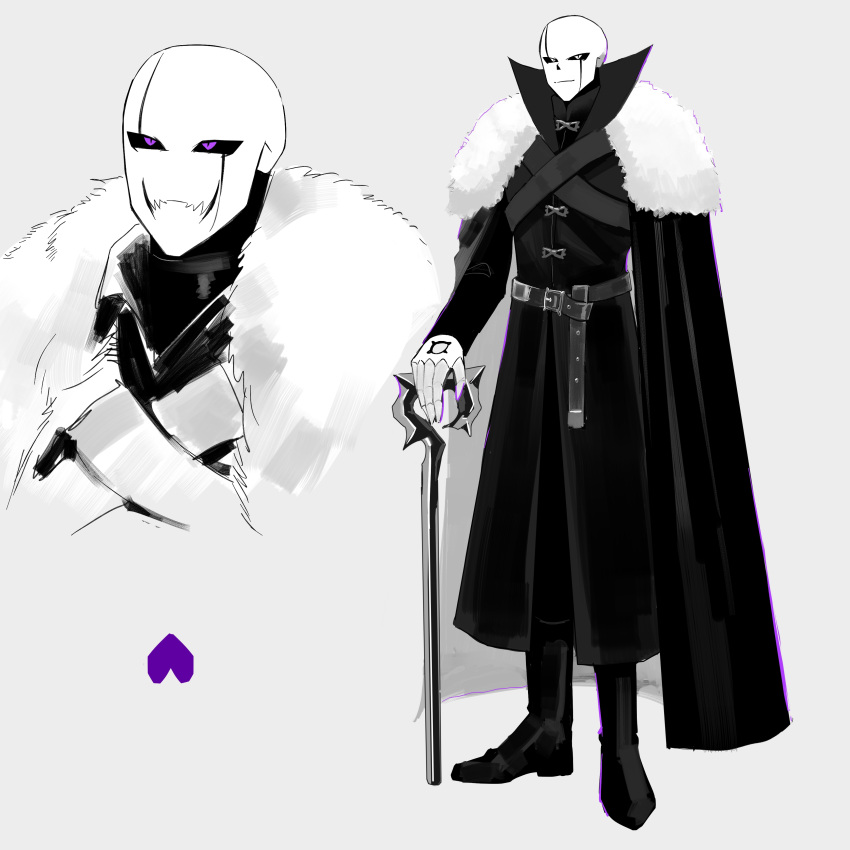 1boy, absurdres, alternate_universe, bald, belt, boots, cane, cape