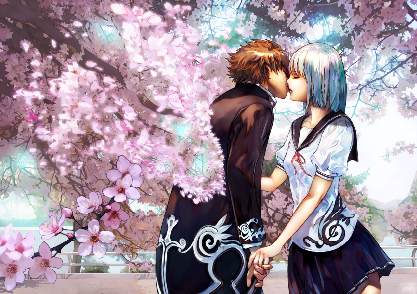 1boy, 1girl, cherry_blossoms, couple, hetero, highres, hokoodo, holding_hands