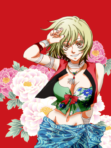 awashima, blonde_hair, bracelet, breasts, cleavage, collar, flower, jewelry, nurarihyon_no_mago, short_hair, smile, solo