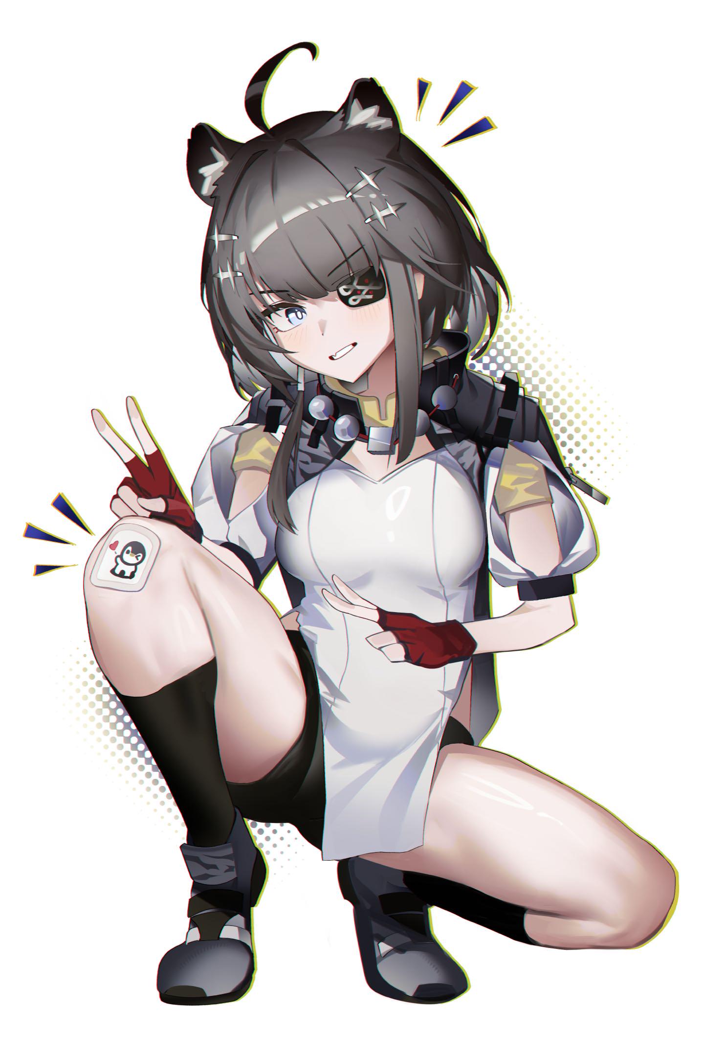 1girl, ahoge, animal_ears, arknights, arknights:_endfield, black_shoes, black_shorts, black_socks, blush, bright_pupils, commentary, double_v, extra_ears, eyepatch, fingerless_gloves, full_body, gloves, grey_eyes, grey_hair, hair_ornament, highres, jambaeng, legs, looking_at_viewer, medium_hair, red_gloves, shoes, short_shorts, short_sleeves, shorts, simple_background, smile, socks, solo, spread_legs, squatting, tangtang_(arknights), teeth, thighs, tiger_ears, tiger_girl, v, white_background, white_pupils
