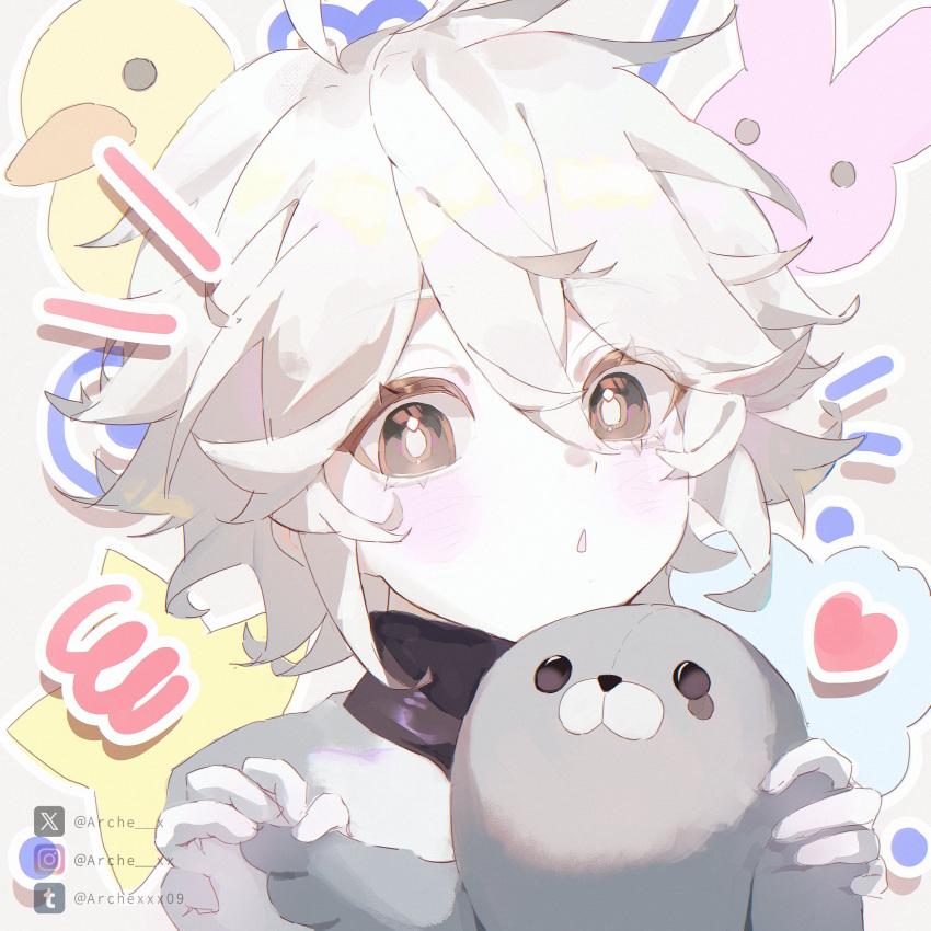 1boy, absurdres, aegyo_sal, ahoge, alternate_universe, androgynous, archx09, bandana, bandana_around_neck, bird, black_bandana, black_eyes, blush, bright_pupils, chara_(undertale), child, chromatic_aberration, colored_eyelashes, colored_skin, commentary, double-parted_bangs, duck, english_commentary, eyes_visible_through_hair, flipped_hair, grey_background, hair_between_eyes, hands_up, highres, holding, holding_stuffed_toy, instagram_logo, instagram_username, male_focus, notice_lines, outline, parted_lips, portrait, rabbit, shirt, short_hair, sidelocks, simple_background, solo, star_(symbol), stuffed_animal, stuffed_seal, stuffed_toy, tareme, tumblr_logo, twitter_username, twitter_x_logo, undertale, utdr_(toby_fox), white_hair, white_outline, white_pupils, white_shirt, white_skin, xtale