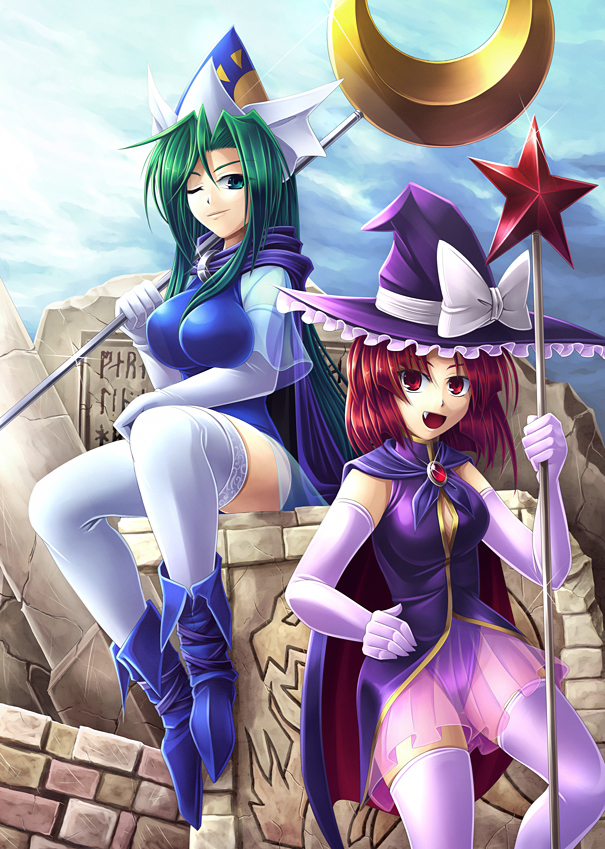 alternate_costume, breasts, brooch, cape, crescent, elbow_gloves, fang, gloves