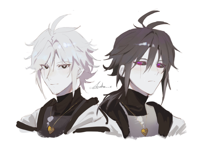 2boys, alternate_universe, antenna_hair, archx09, artist_name, black_eyes, black_hair, black_hood