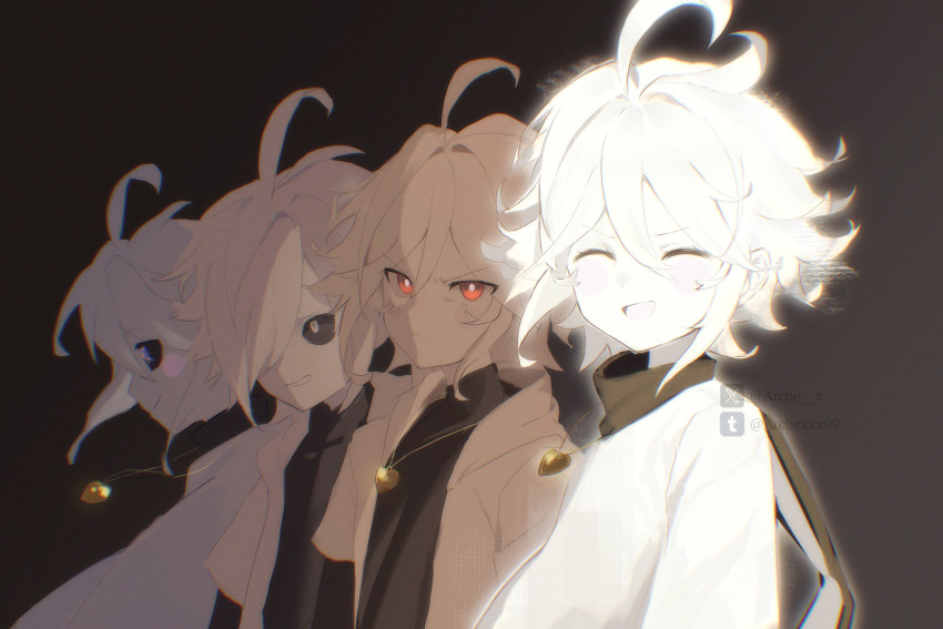 4boys, :d, ^_^, ahoge, alternate_universe, archx09, arms_at_sides, black_background