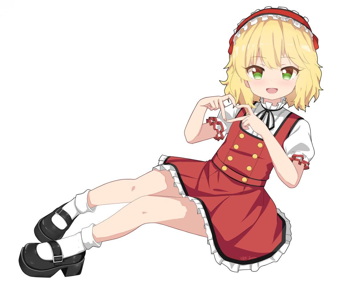 1girl, black_shoes, blonde_hair, blush, commentary_request, dress, four-finger_heart_hands, frilled_hairband