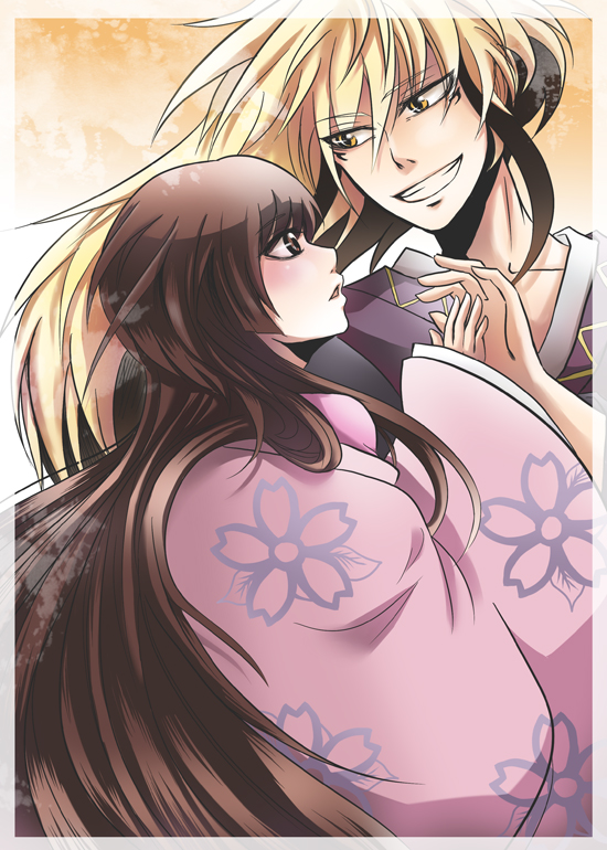 blonde_hair, brown_hair, fuin1208, japanese_clothes, kimono, nura_rihyon, nurarihyon_no_mago, smile, youhime, yukata