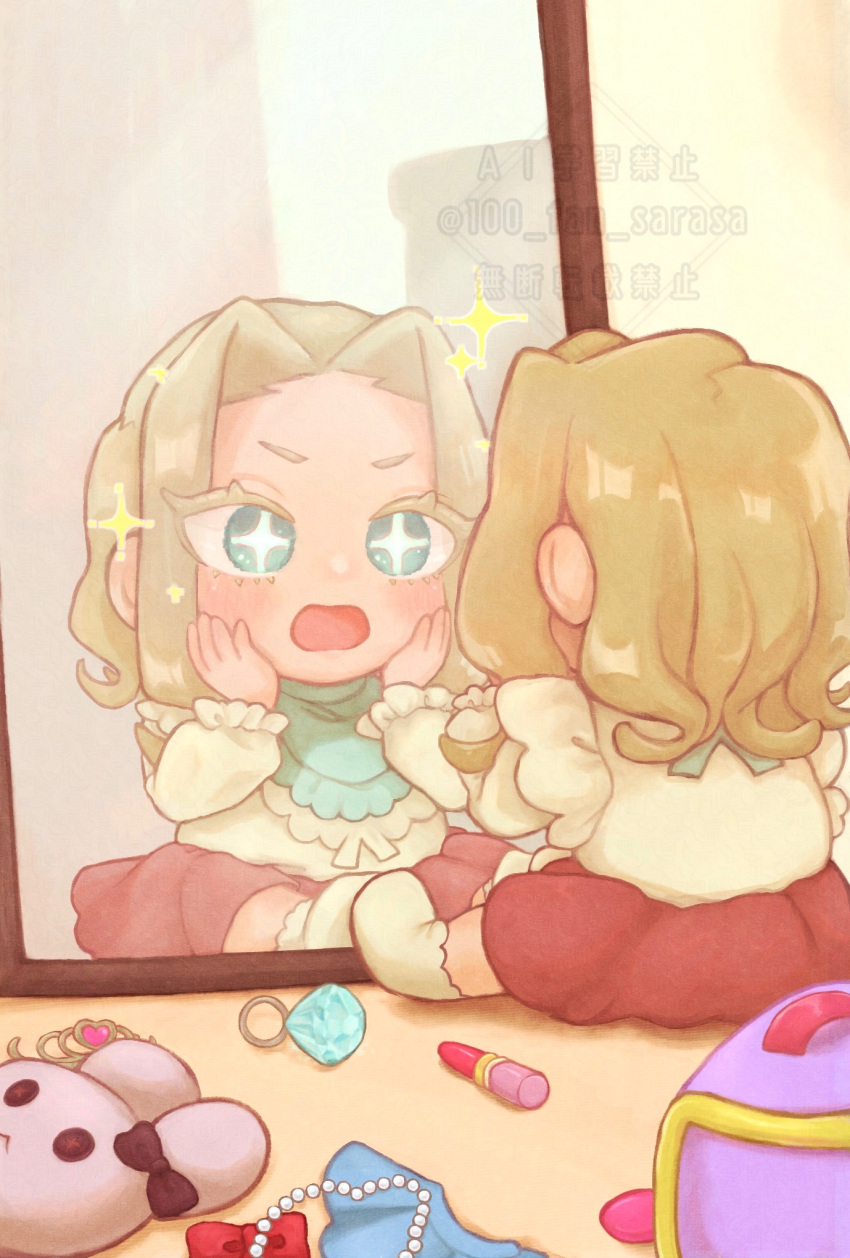 +_+, 1girl, aged_down, artist_name, blonde_hair, blue_eyes, blush, commentary
