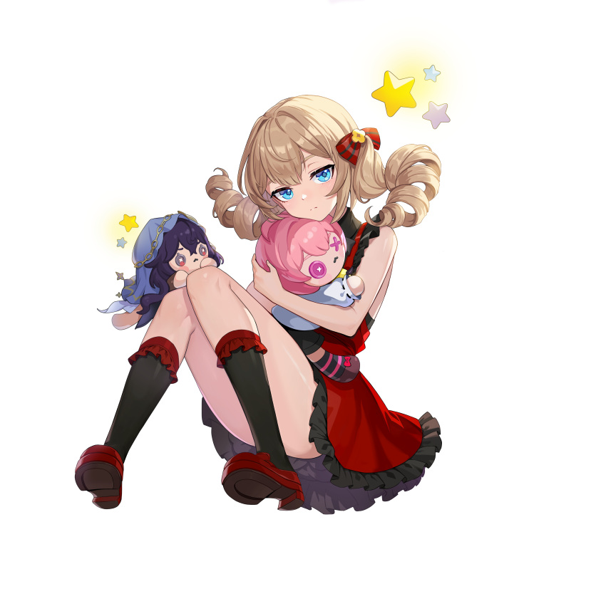 1girl, absurdres, black_socks, blonde_hair, blue_eyes, character_doll, charlotte_(solo_leveling), doll, dress, full_body, highres, holding, holding_stuffed_toy, looking_at_viewer, official_alternate_costume, official_art, red_dress, red_shoes, ringlets, shoes, simple_background, sleeveless, sleeveless_dress, socks, solo, solo_leveling, solo_leveling:_arise, star_(symbol), stuffed_toy, tachi-e, transparent_background