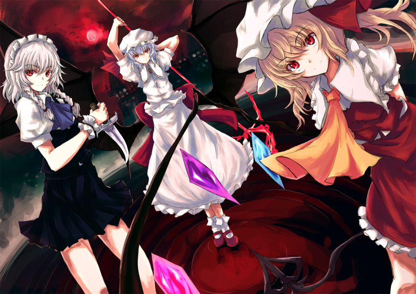 asagi_shii, blonde_hair, blue_hair, bobby_socks, braid, flandre_scarlet, highres, izayoi_sakuya
