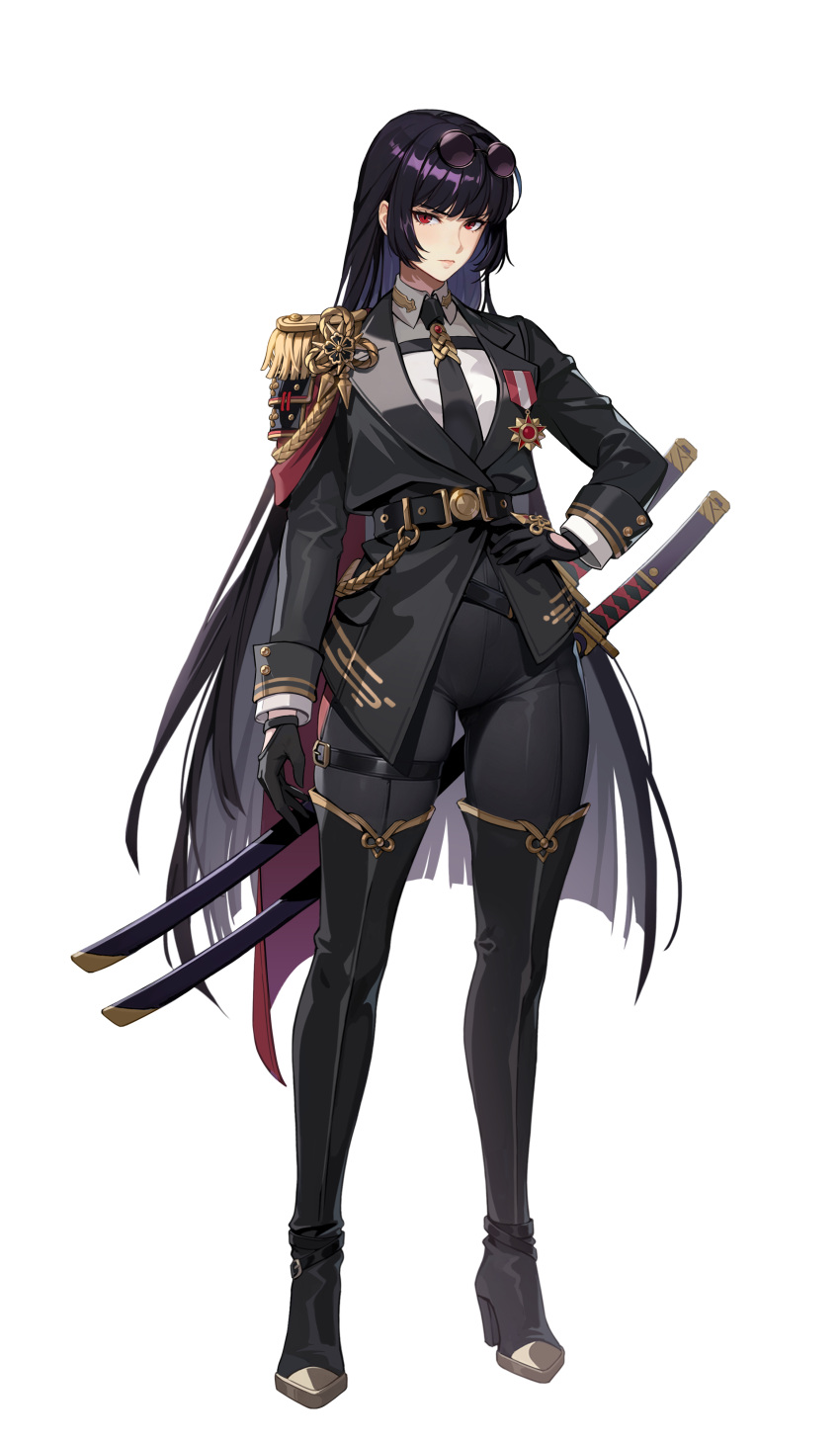 1girl, absurdres, black_boots, black_hair, black_jacket, black_necktie, boots, collared_shirt, eyewear_on_head, full_body, hand_on_own_hip, highres, jacket, katana, long_hair, looking_at_viewer, necktie, official_alternate_costume, official_art, red_eyes, round_eyewear, shirt, simple_background, solo, solo_leveling, solo_leveling:_arise, sunglasses, sword, tachi-e, tawata_kanae, thigh_boots, transparent_background, weapon, white_shirt