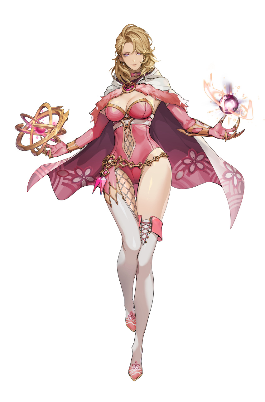 1girl, absurdres, asymmetrical_legwear, blonde_hair, boots, breasts, cloak, full_body