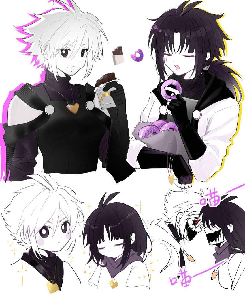 2girls, :d, :t, absurdres, aged_down, alternate_universe, androgynous, antenna_hair, bandana, bandana_around_neck, black_eyes, black_gloves, black_hood, black_mouth, black_sclera, black_trim, blunt_bangs, breasts, bright_pupils, candy, cape, chara_(undertale), child, chinese_commentary, chocolate, chocolate_bar, circle_facial_mark, closed_eyes, closed_mouth, colored_sclera, colored_skin, commentary_request, cropped_torso, double-parted_bangs, doughnut, eating, elbow_carry, elbow_gloves, eye_contact, eyes_visible_through_hair, face-to-face, facial_mark, film_grain, fingerless_gloves, flipped_hair, food, food_on_face, forehead-to-forehead, frisk_(undertale), genderswap, genderswap_(mtf), gloves, gold_necklace, hair_between_eyes, hair_tie, hanbaobaobaozhu, hand_up, heads_together, heart, heart_necklace, highres, holding, holding_chocolate, holding_donut, holding_food, hood, hood_down, hooded_jacket, jacket, jewelry, looking_at_another, low_ponytail, multiple_girls, multiple_views, necklace, official_alternate_eye_color, open_clothes, open_jacket, open_mouth, pink_eyes, ponytail, profile, puffy_sleeves, purple_bandana, purple_hair, purple_sweater, recursive_genderswap, red_eyes, scar, scar_across_eye, scar_on_face, shirt, short_hair, short_sleeves, siblings, sidelocks, simple_background, sisters, small_breasts, smile, sweater, swept_bangs, teeth, three-quarter_sleeves, tomboy, tongue, tongue_out, turtleneck, turtleneck_sweater, u_u, undertale, upper_teeth_only, utdr_(toby_fox), white_background, white_cape, white_hair, white_jacket, white_pupils, white_skin, xtale