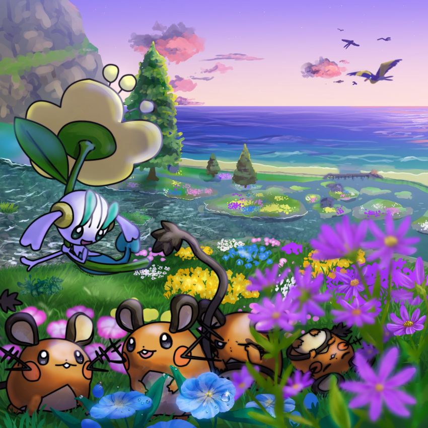:3, blue_flower, closed_eyes, closed_mouth, clouds, dedenne, floating, floette