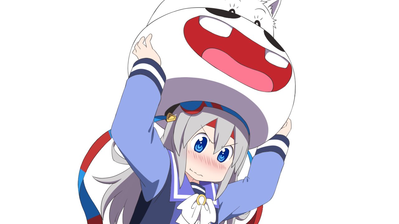 1girl, animal_ears, blue_eyes, blush, bow, bowtie, closed_mouth, ear_covers, evandragon, grey_hair, hair_between_eyes, hairband, headband, holding_mascot_head, horse_ears, horse_girl, long_hair, long_sleeves, mascot_costume, mascot_head, midori_makibaoo, midori_no_makibaoo, open_mouth, purple_shirt, sailor_collar, school_uniform, shirt, tamamo_cross_(umamusume), tracen_school_uniform, umamusume, very_long_hair