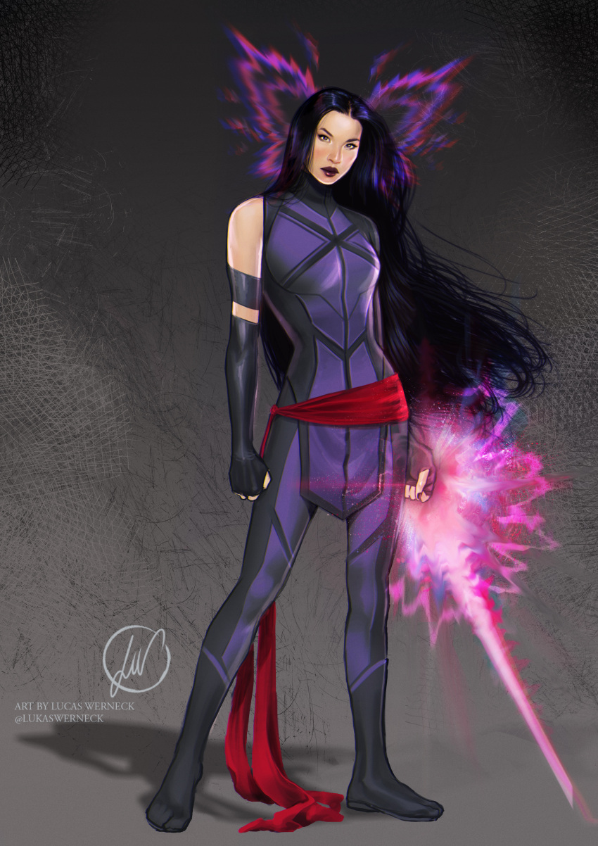 1girl, absurdres, arms_at_sides, artist_name, black_bodysuit, black_eyes, black_gloves, black_hair