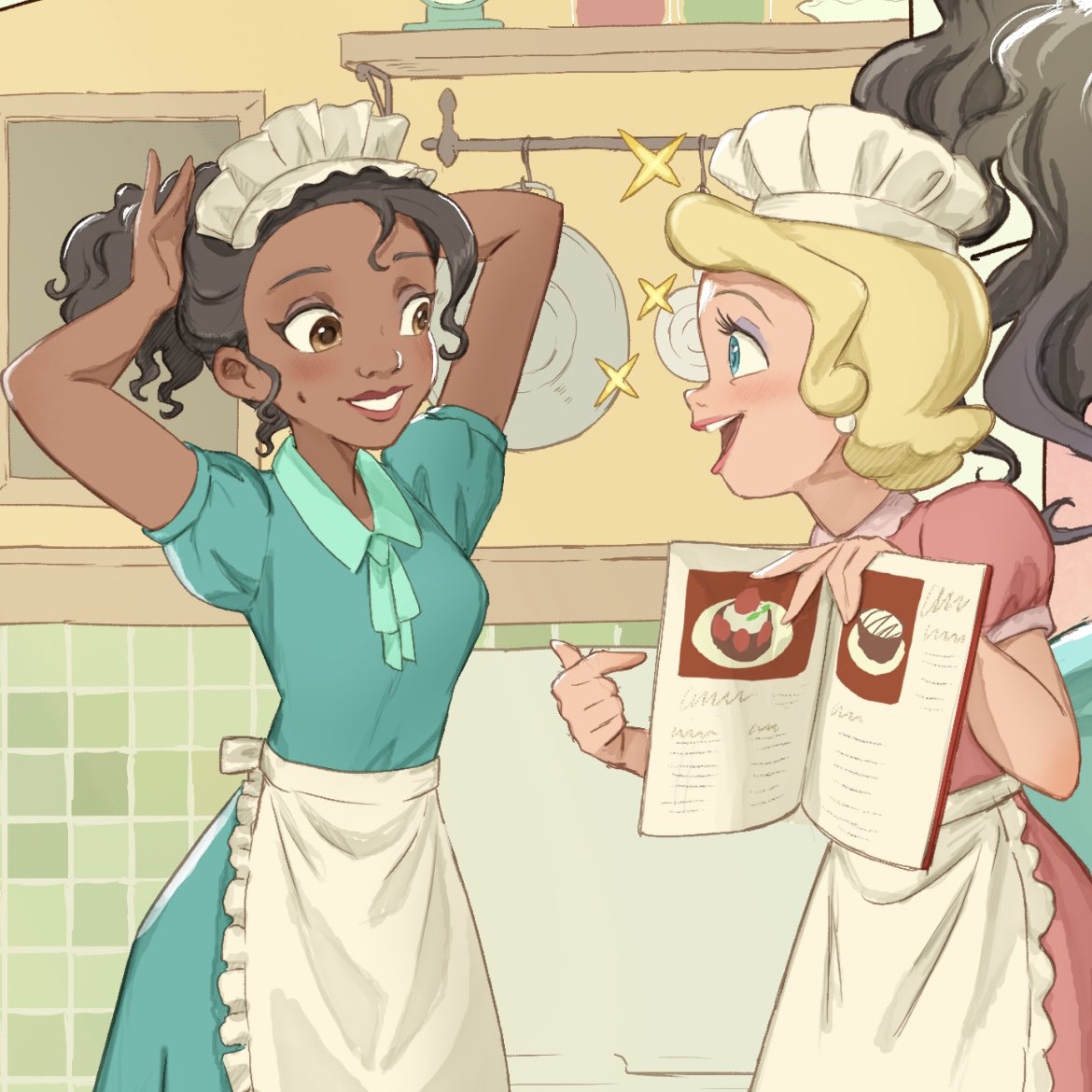 2girls, alternate_costume, apron, black_hair, blonde_hair, brown_eyes, brown_hair, charlotte_la_bouff