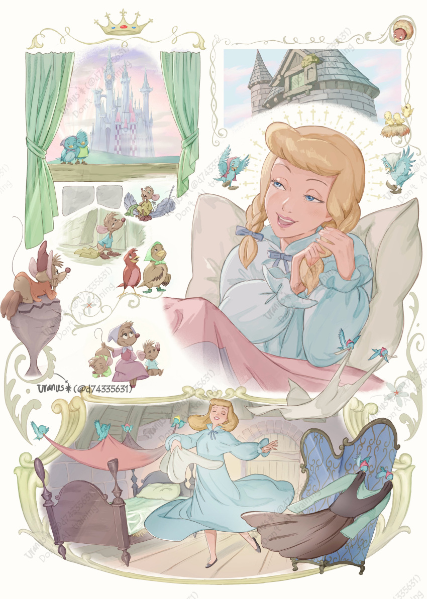 1girl, absurdres, bird, cabin, castle, cinderella_(disney_character), cinderella_(disney_movie), d74335631