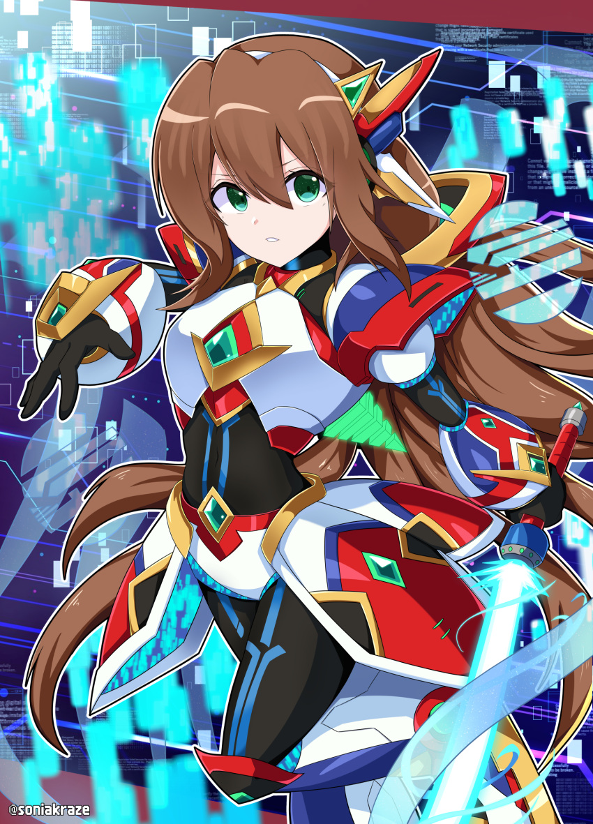 1girl, amamiya_kure, android, armor, armored_boots, black_bodysuit, black_gloves, bodysuit