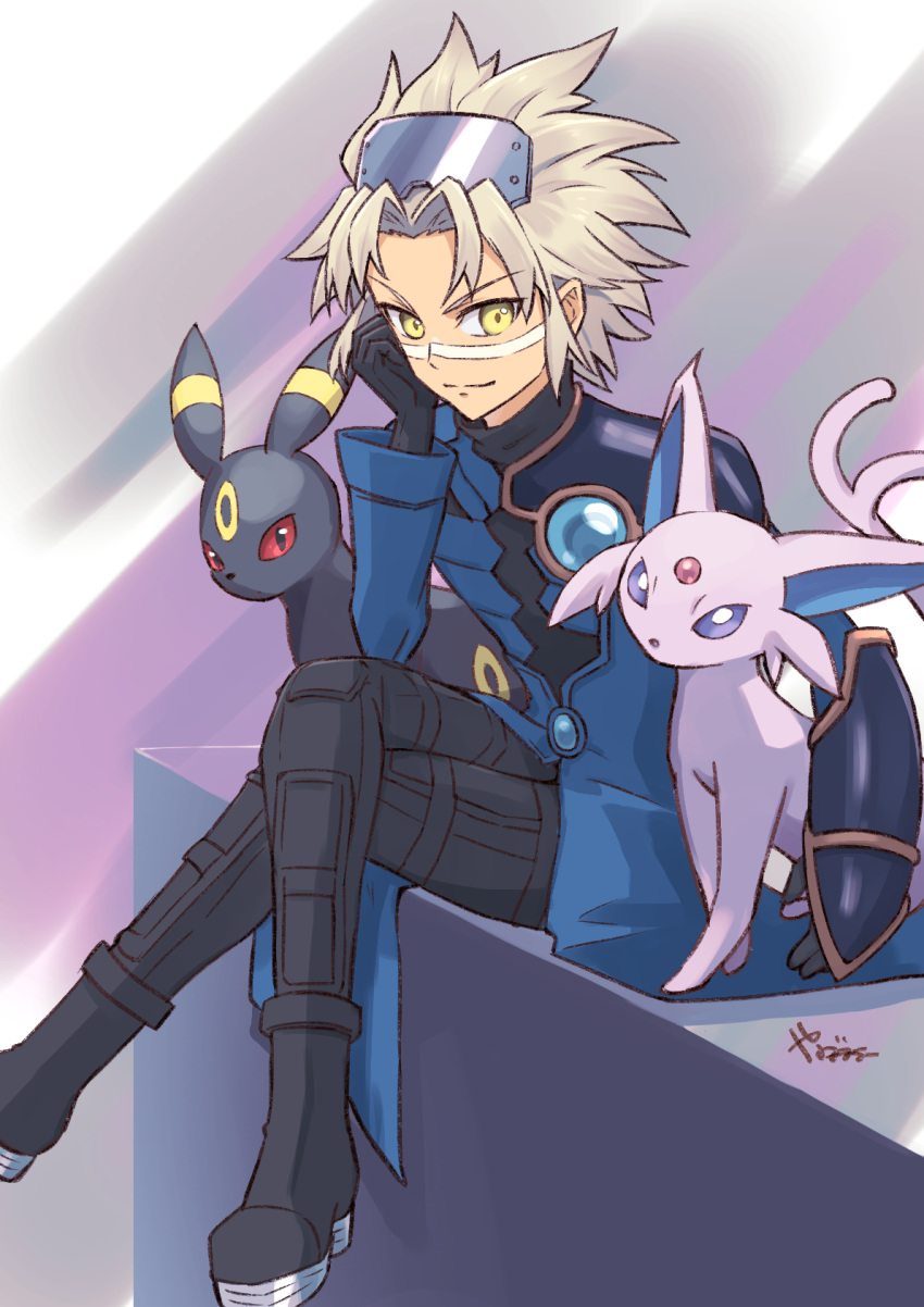 1boy, black_boots, black_pants, blonde_hair, blue_jacket, boots, closed_mouth, commentary_request, crossed_legs, espeon, facial_mark, highres, jacket, looking_at_viewer, male_focus, pants, pokemon, pokemon_(creature), pokemon_colosseum, short_hair, sitting, snag_machine, umbreon, wes_(pokemon), yanagimachi, yellow_eyes