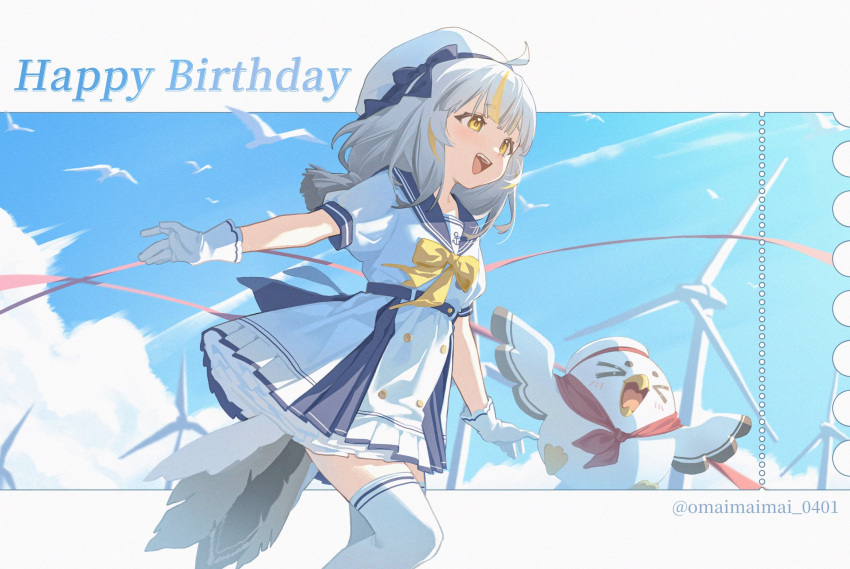 1girl, :d, ahoge, bird, blonde_hair, blue_ribbon, blue_sailor_collar, blue_sky