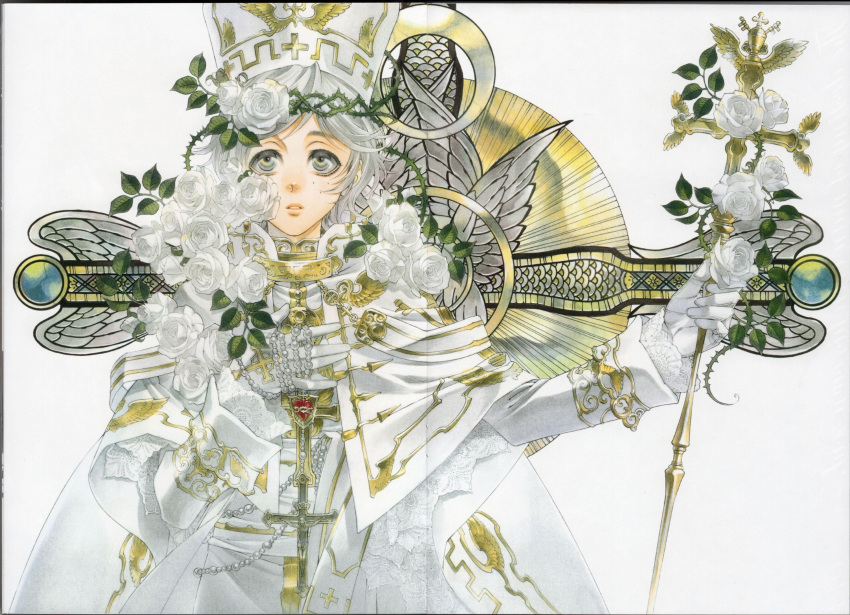 1boy, absurdres, collar, cross, flower, freckles, gold_trim, grey_eyes