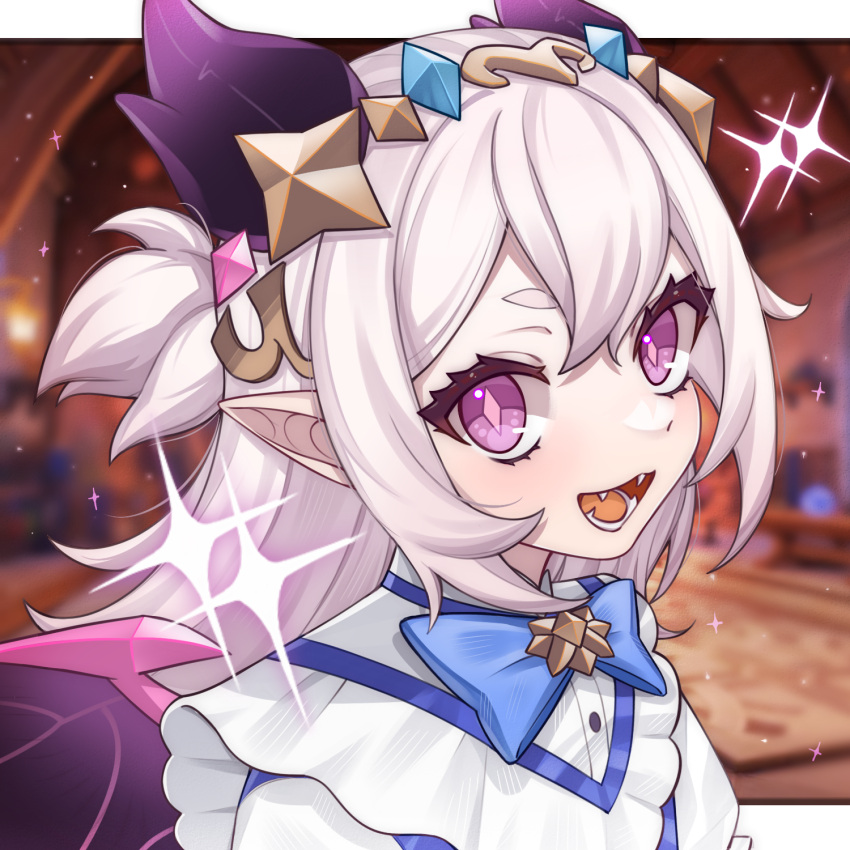 1girl, blue_bow, blue_bowtie, blurry, blurry_background, bow, bowtie, demon_girl