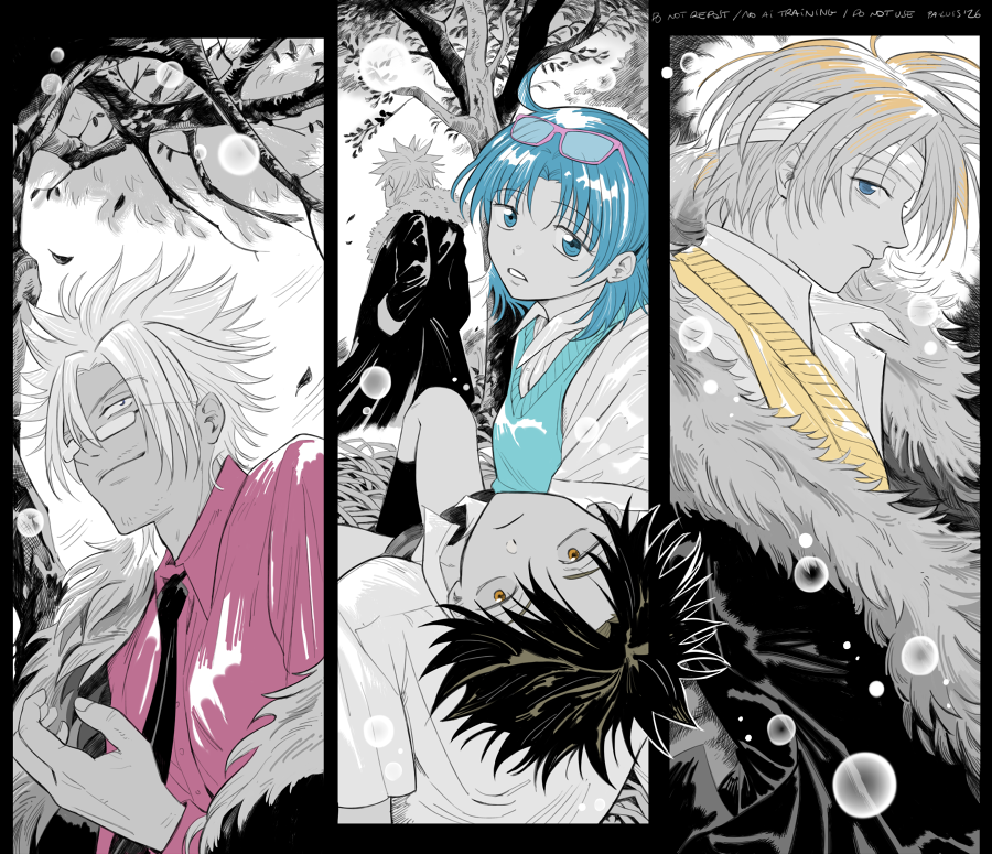 1girl, 3boys, coat, collared_shirt, english_commentary, eyewear_on_head, fur-trimmed_coat, fur_trim
