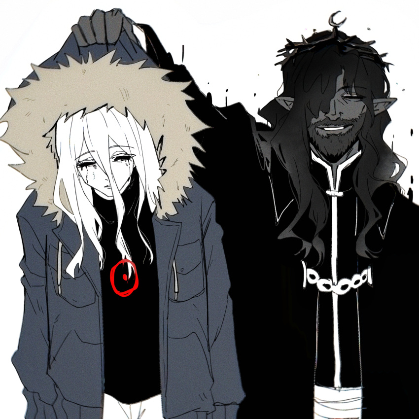 2boys, :d, absurdres, alternate_universe, arm_up, arms_at_sides, beard, black_coat