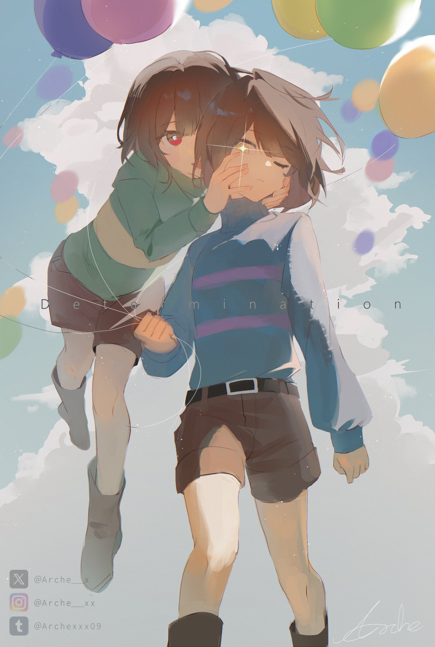 1girl, 1other, :d, ;(, \||/, absurdres, ahoge, ankle_boots, archx09, arm_at_side, backlighting, balloon, bare_legs, belt, black_belt, blue_sky, blue_sweater, boots, breasts, bright_pupils, brown_boots, brown_hair, brown_shorts, center-flap_bangs, chara_(undertale), closed_mouth, clouds, commentary, cumulonimbus_cloud, day, denim, denim_shorts, double-parted_bangs, english_commentary, english_text, expressionless, feet_out_of_frame, frisk_(undertale), from_below, frown, full_body, genderswap, genderswap_(otf), green_sweater, hair_between_eyes, hands_on_another's_cheeks, hands_on_another's_face, hands_up, highres, holding, holding_balloon, instagram_logo, instagram_username, knees_together_feet_apart, legs_apart, light_particles, long_sleeves, looking_at_another, looking_at_viewer, one_eye_closed, open_mouth, outdoors, puffy_long_sleeves, puffy_sleeves, purple_sweater, red_eyes, short_hair, shorts, single_hair_intake, sky, small_breasts, smile, standing, striped_clothes, striped_sweater, sweater, swept_bangs, tumblr_logo, tumblr_username, turning_head, turtleneck, turtleneck_sweater, twitter_username, twitter_x_logo, two-tone_sweater, undertale, unused_tire, utdr_(toby_fox), walking, white_pupils, wind, yellow_eyes, yellow_sweater