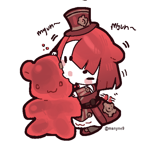 1girl, 1other, :3, alternate_form, animal_ears, black_pantyhose, candy, chibi, dress, eating, food, frilled_dress, frills, gears, gummy_bear, hat, limbus_company, ny_000a, pantyhose, pink_dress, pink_hair, project_moon, the_distortion_detective, top_hat, twitter_username, yuria_(project_moon)