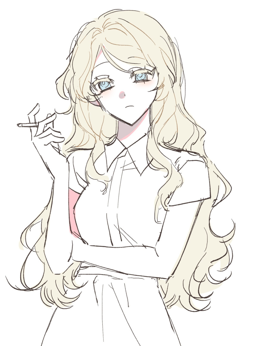 1girl, bare_arms, blonde_hair, blue_eyes, breasts, cigarette, closed_mouth, collared_dress