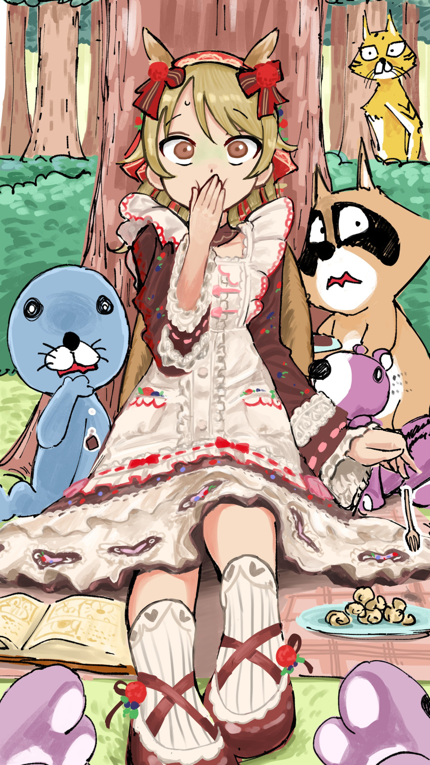 absurdres, animal_ears, araiguma_(bonobono), bonobono, brown_eyes, brown_hair, commentary_request, dress