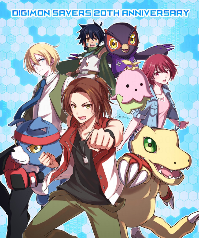 1girl, 3boys, agumon_(digimon_savers), anniversary, aoinu_(shuumatsugeki), bare_shoulders, bird, black_hair