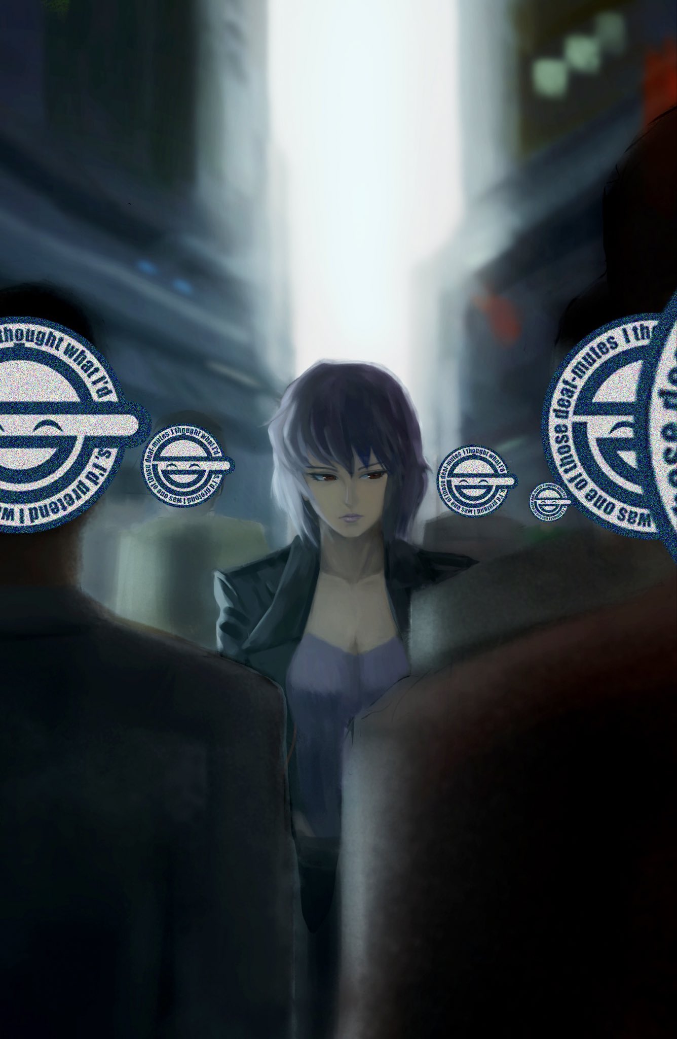 1girl, 6+boys, alley, black_jacket, commentary, deadcalm_(de6mpgi6jb44717), ghost_in_the_shell, ghost_in_the_shell:_stand_alone_complex, highres, jacket, kusanagi_motoko, laughing_man_(gits), leotard, looking_at_another, medium_hair, multiple_boys, road, solo_focus, street