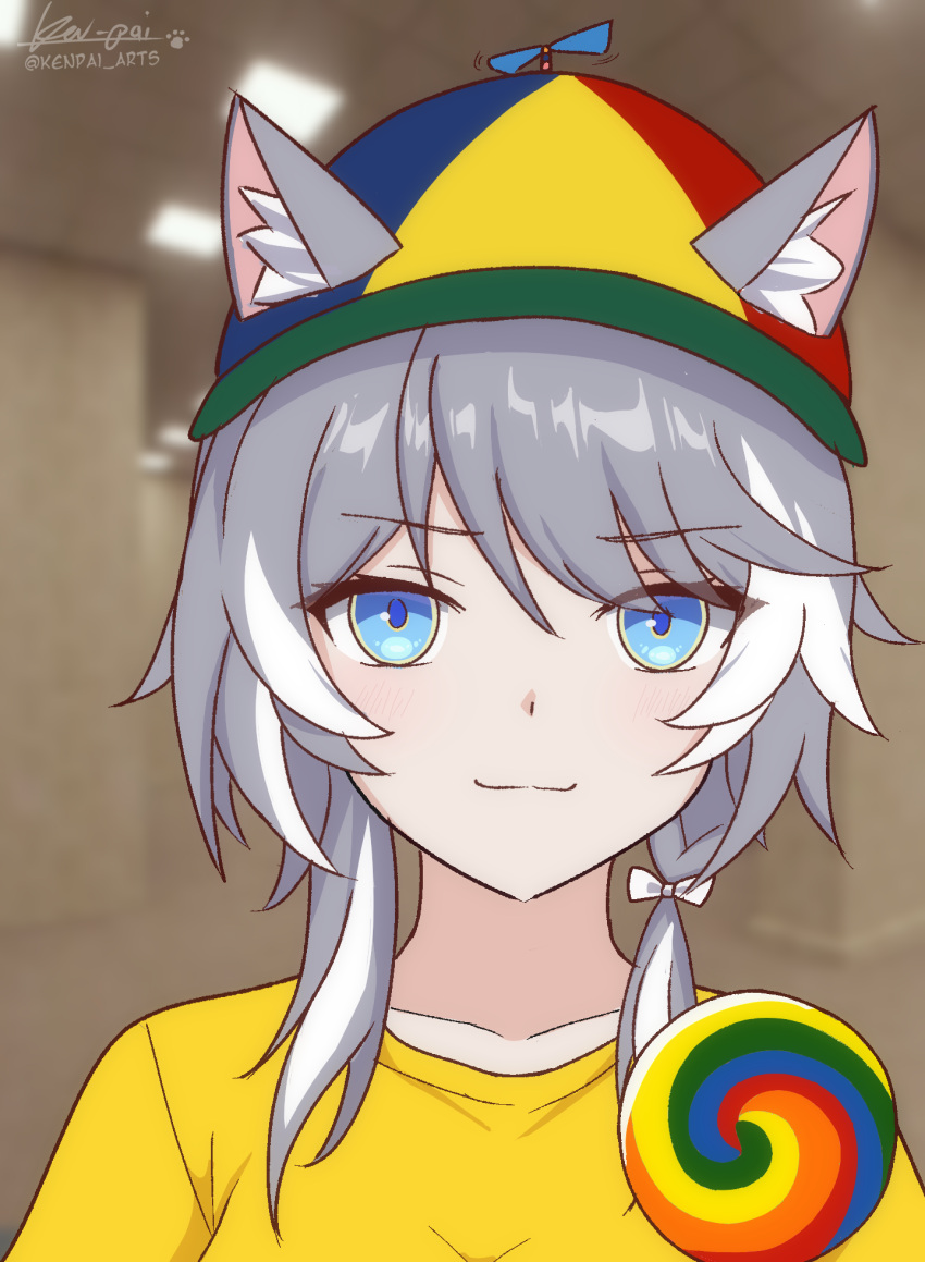 1girl, animal_ear_fluff, animal_ears, backrooms_(creepypasta), bow, candy, cat_ears, cat_girl