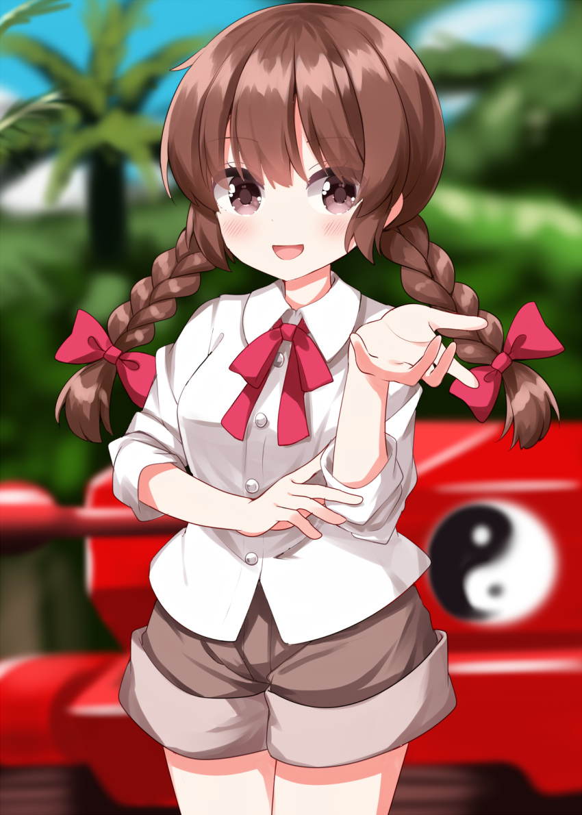 1girl, blurry, blush, bow, bowtie, braid, breasts, brown_eyes