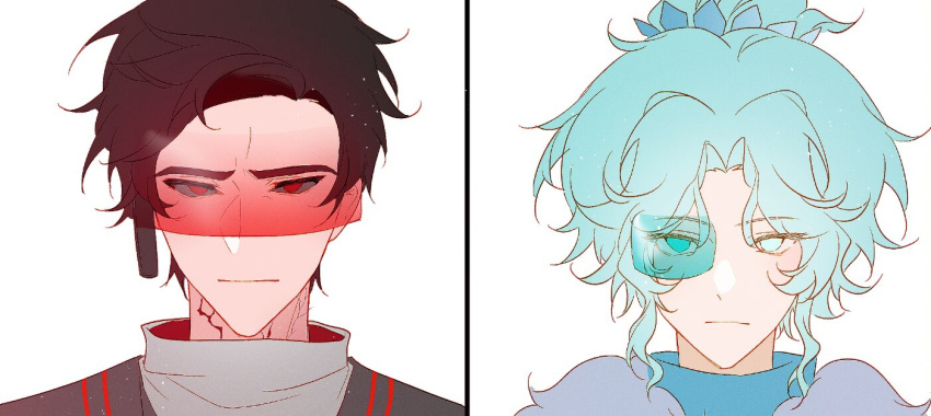 2boys, :|, androgynous, aqua-tinted_eyewear, aqua_eyes, black_hair, black_jacket, blood