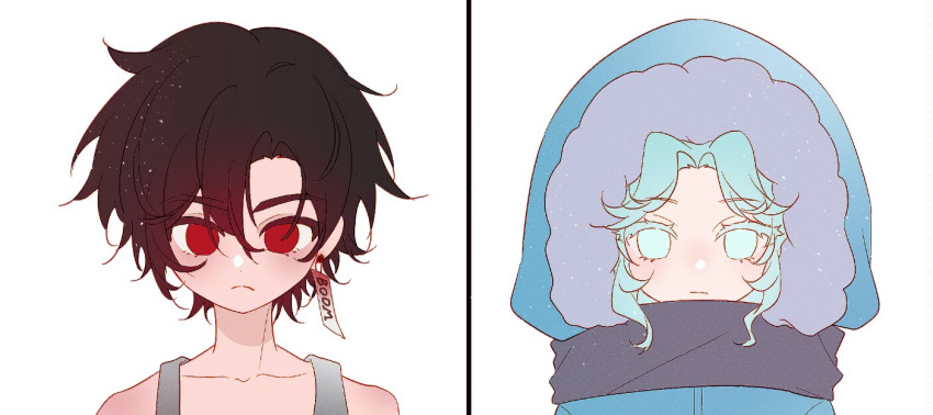 2boys, androgynous, bare_shoulders, black_hair, blue_eyes, blue_hair, blue_jacket, child
