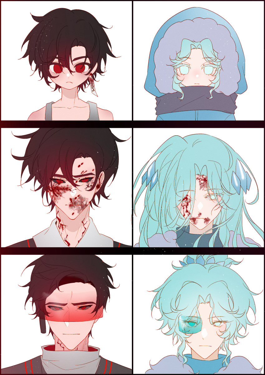 2boys, :|, ;(, absurdres, age_progression, androgynous, aqua-tinted_eyewear, aqua_eyes
